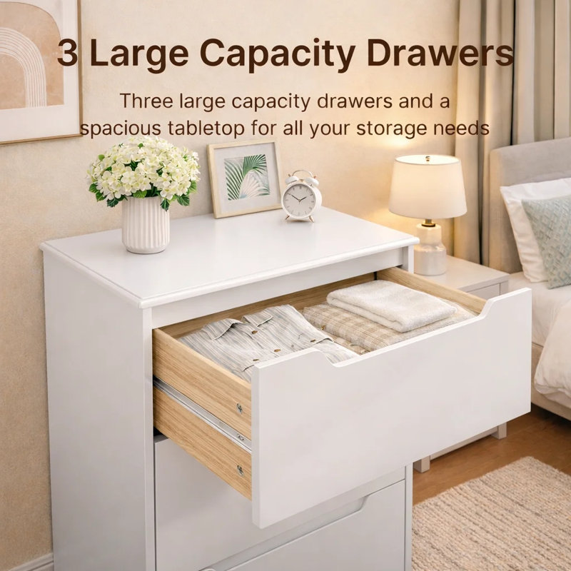 Michiaki 23.6" W 3-Drawer Dresser , White, 3 Drawers