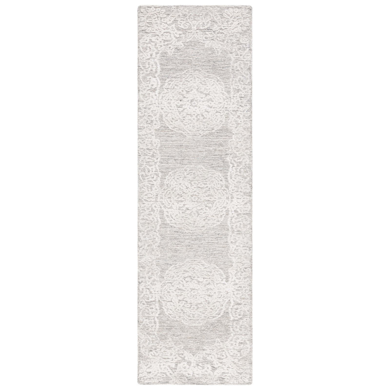 Tapis floral ivoire / beige en coton / laine / coton touffeté à la main Bathulda, Tapis de couloir 2 pi 3 po x 8 pi