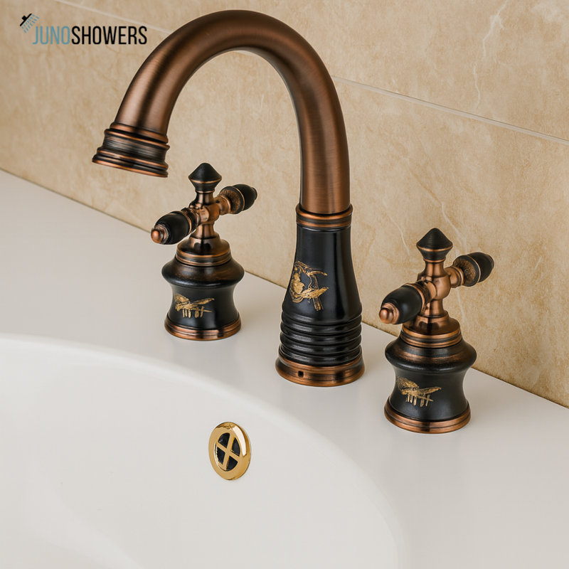 Juno Beautiful Deck Mount Colorful Floral Bathroom Sink Faucet with Ceramic Handles