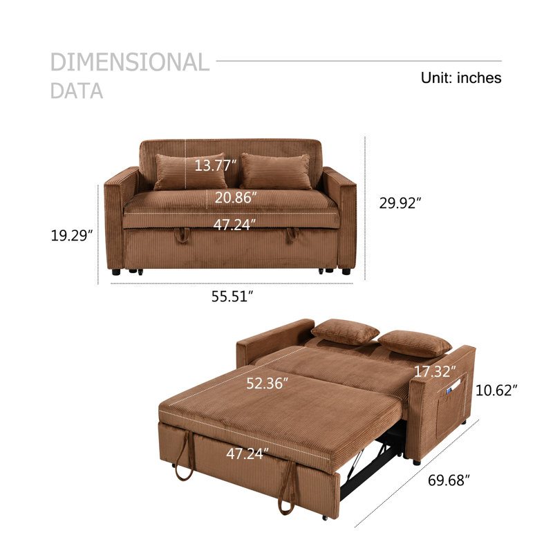 Radislava Convertible Sleeper Sofa Bed, 55.51" Modern 3-in-1 Futon Couch, Brown Corduroy