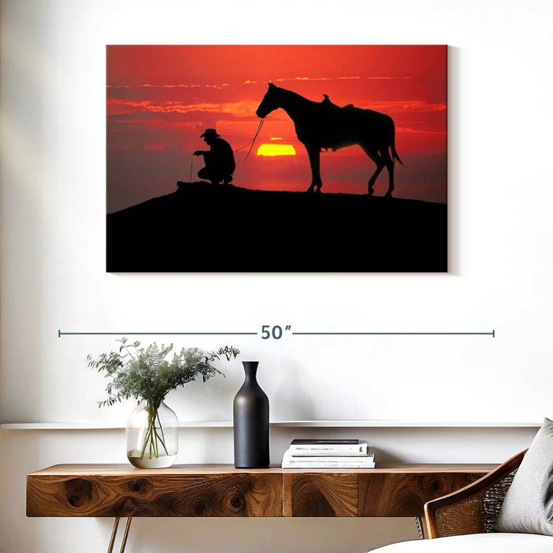 Cowboy de Brampt au coucher du soleil, H 26 po x l 39 po