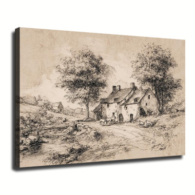 Art rétro, maison de campagne à la campagne, croquis à l'encre, grande impression sur toile tendue pour salon