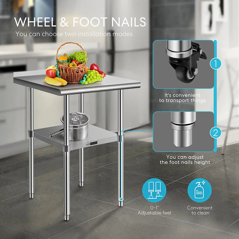 Stainless Steel Work Table with Backsplash and Wheels, 24" H x 26.9" W x 24" D