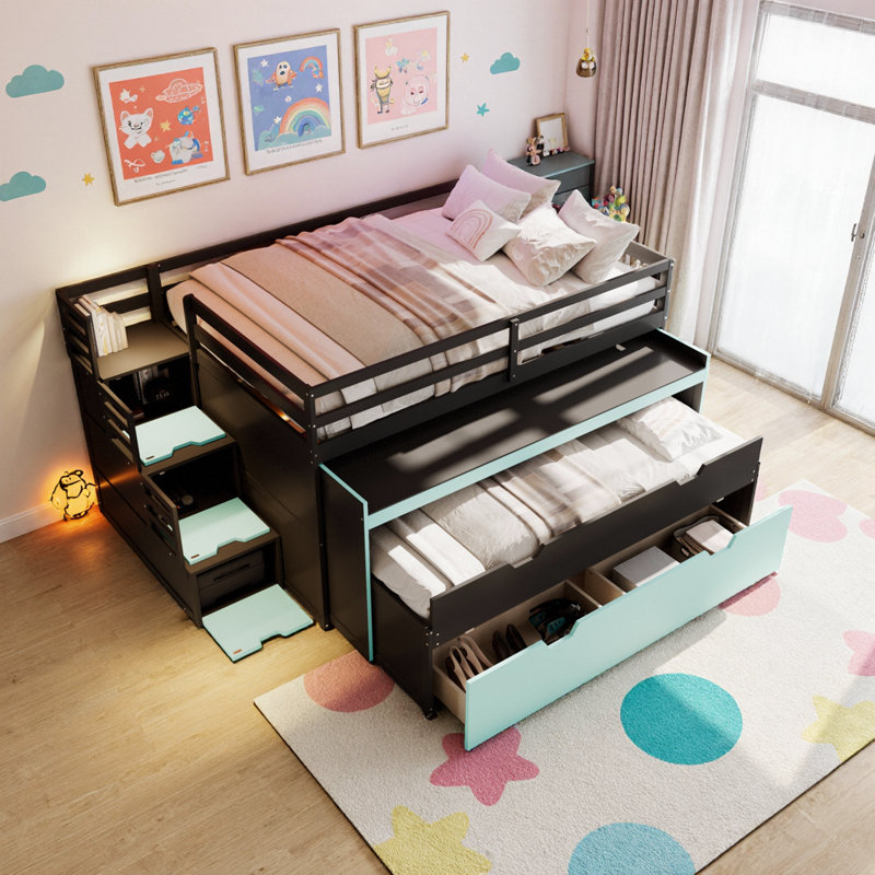 Lit mezzanine avec bureau coulissant et lit gigogne simple, tiroirs et marches, Full XL, Black+Blue
