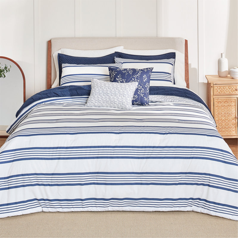 Anne Klein Archer Stripe 5-Piece Cotton Blend Comforter Set, King Comforter + 4 Additional Pieces