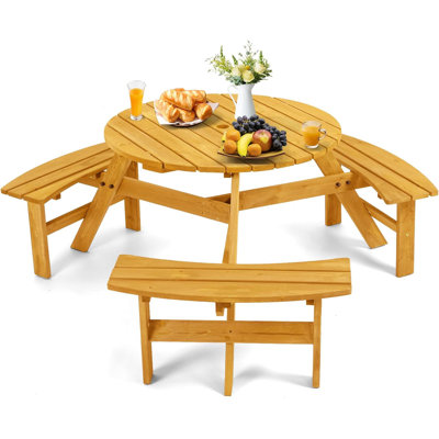 Round Tabletop Wood Picnic Table with Built-in Benches
