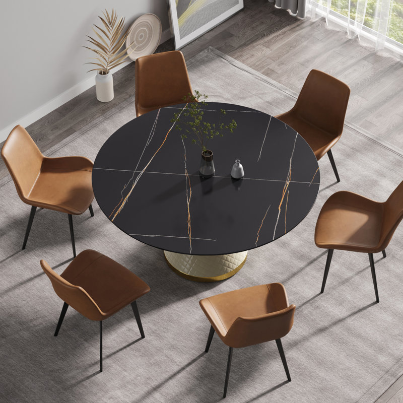 Table de salle à manger ronde en pierre frittée avec base stable en acier au carbone noir pour 6 banquets