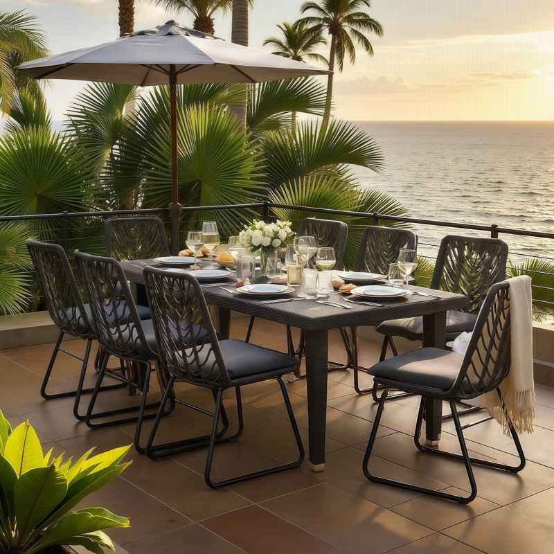 Ensemble de salle à manger 9 pièces en rotin pour 9 personnes - Résistant aux intempéries, ensemble de table et chaises de patio moderne, facile à assembler