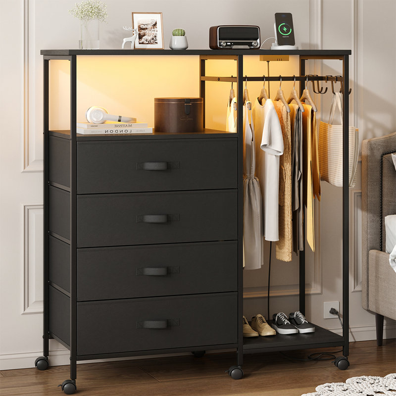 Dresser For Bedroom With Clothes Rack, 4 Drawer Dresser With Shoe Rack, Charging Station & Led Lights, Black