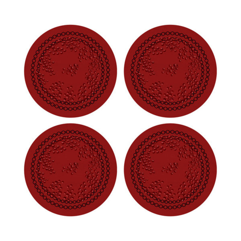 Sous-verres ronds en cuir vegan rouge Christmas Berries, Rouge