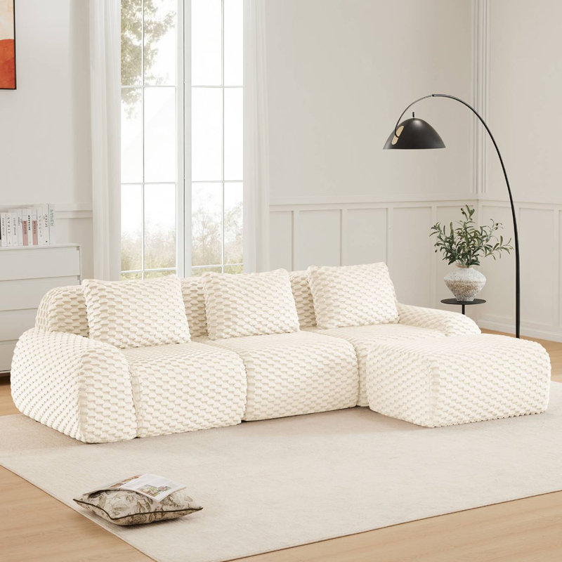 114" Flannel L-Shaped Modular Sectional With Ottoman, Cream Fabric