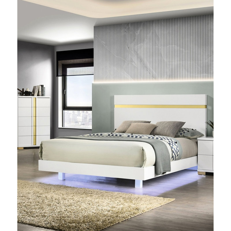 Grand lit moderne blanc / or, conduit sous le lit, bordure en acrylique, bois d'ingénierie et bois d'hévéa, style décontracté, prêt pour le matelas, preuve