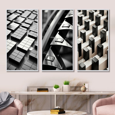 Black And White Abstract Power Panels I - Line Art Canvas Prints Set Of 3