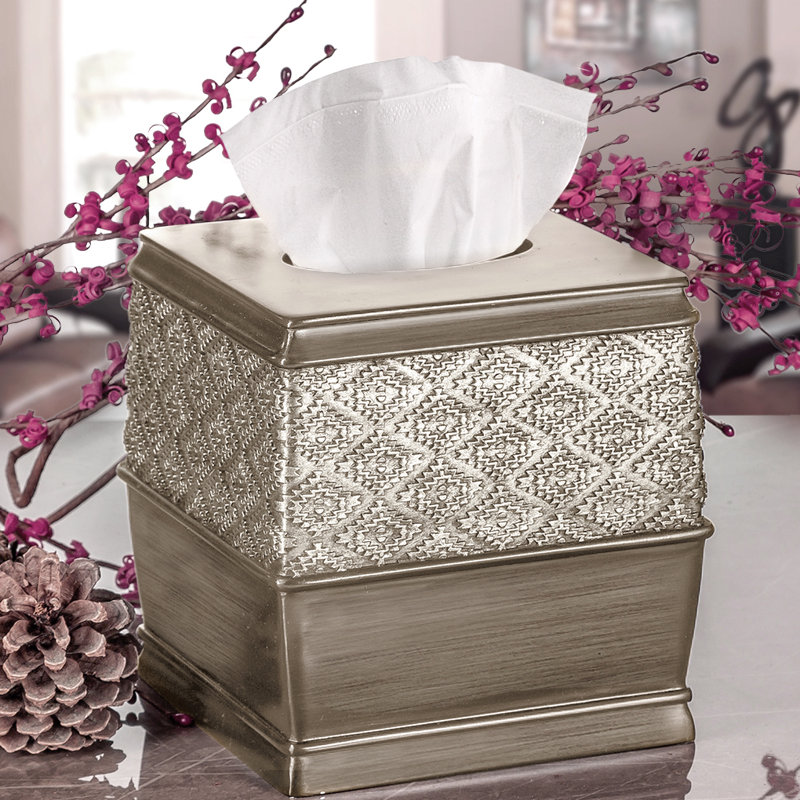 Brushed Silver Square Tissue Box Cover with Diamond Pattern