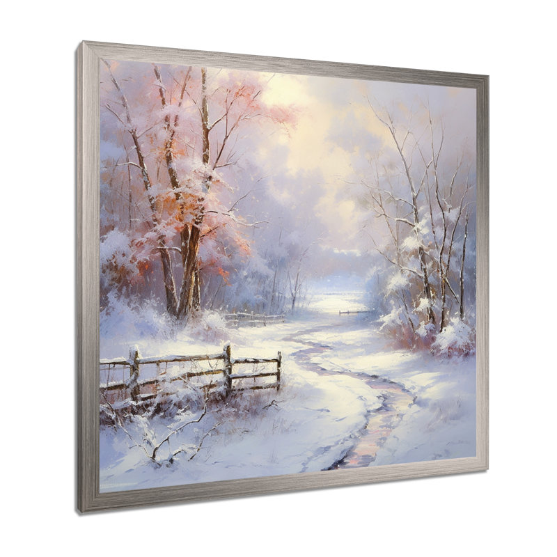 Winter's Silente River - Neige, art mural, H 24 po x l 24 po x P 1 po, Cadre simple argenté