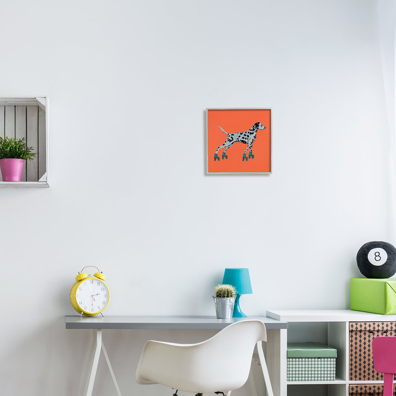 Au-600-Giclee " Orange Dalmatian Rollerskating ", 12" H x 12" W x 1.5" D, Farmhouse Grey Framed Giclee