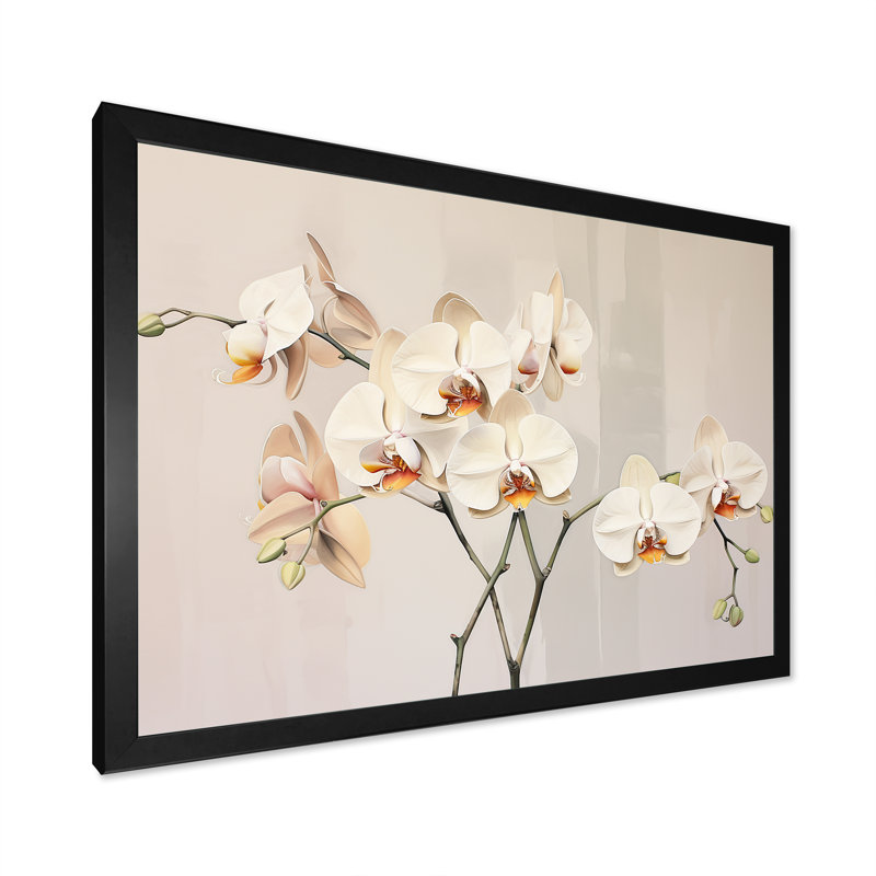 Orchidées beiges tranquillité VI sur toile, Cadre simple noir, H 12 po x l 20 po x P 1 po