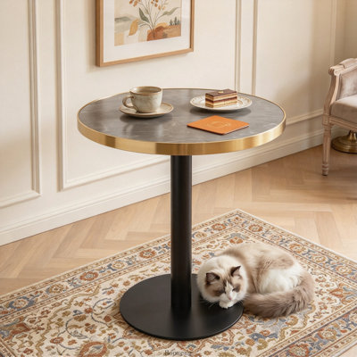 Table basse ronde en panneau de fibres à densité moyenne de 23,6 po avec dessus en UV et bordure en acier inoxydable