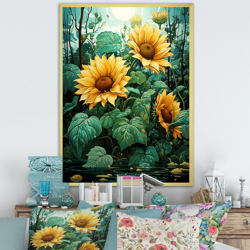 Méticuleusement tournesols I sur toile, Cadre flottant blanc, H 40 po x l 30 po x P 1,5 po