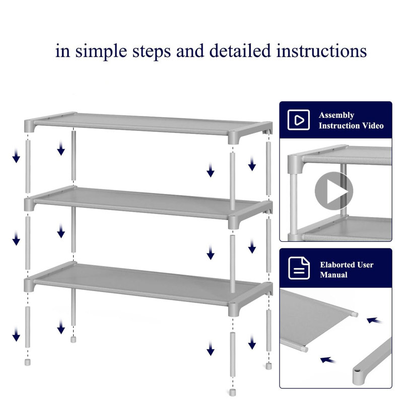 27.5" Wide 3-Tier Stackable Shoe Rack Shelf, Shoe Organizer for Closet Entryway Garage, Gray