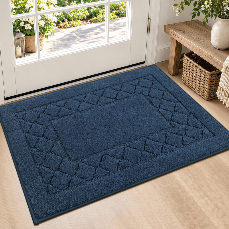 Tapis d'entrée géométrique lavable avec envers antidérapant, Marine, L 24 po x L 36 po