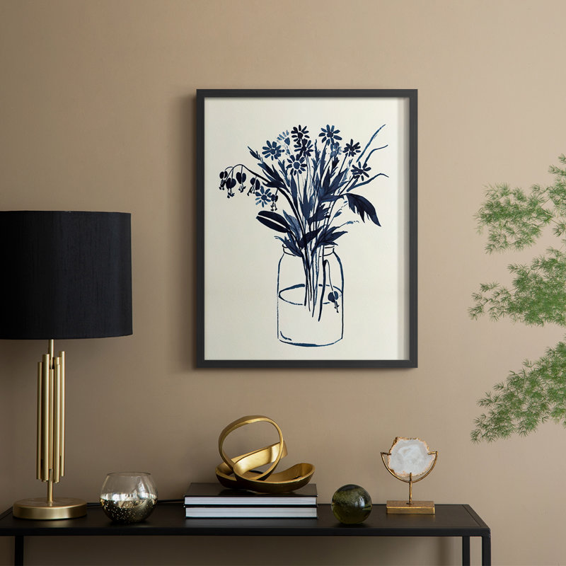 Indigo Floral Vase II, reproduction encadrée - bois massif, H 15 po x l 12 po, Noir, noir, noir, noir