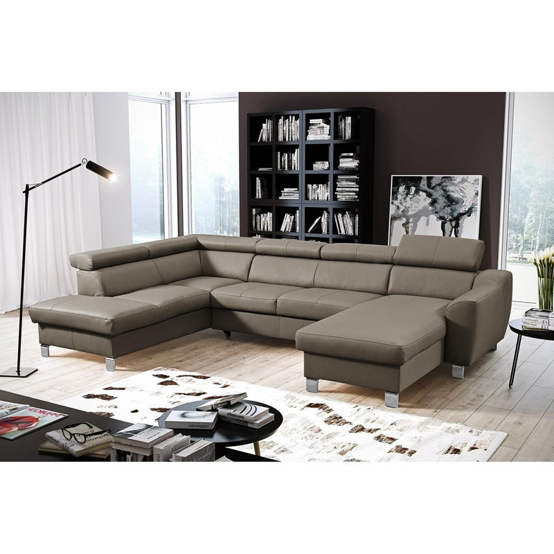 Avais Leather Large Corner Sofa in U-form, Taupe, Left Hand Facing, Yes