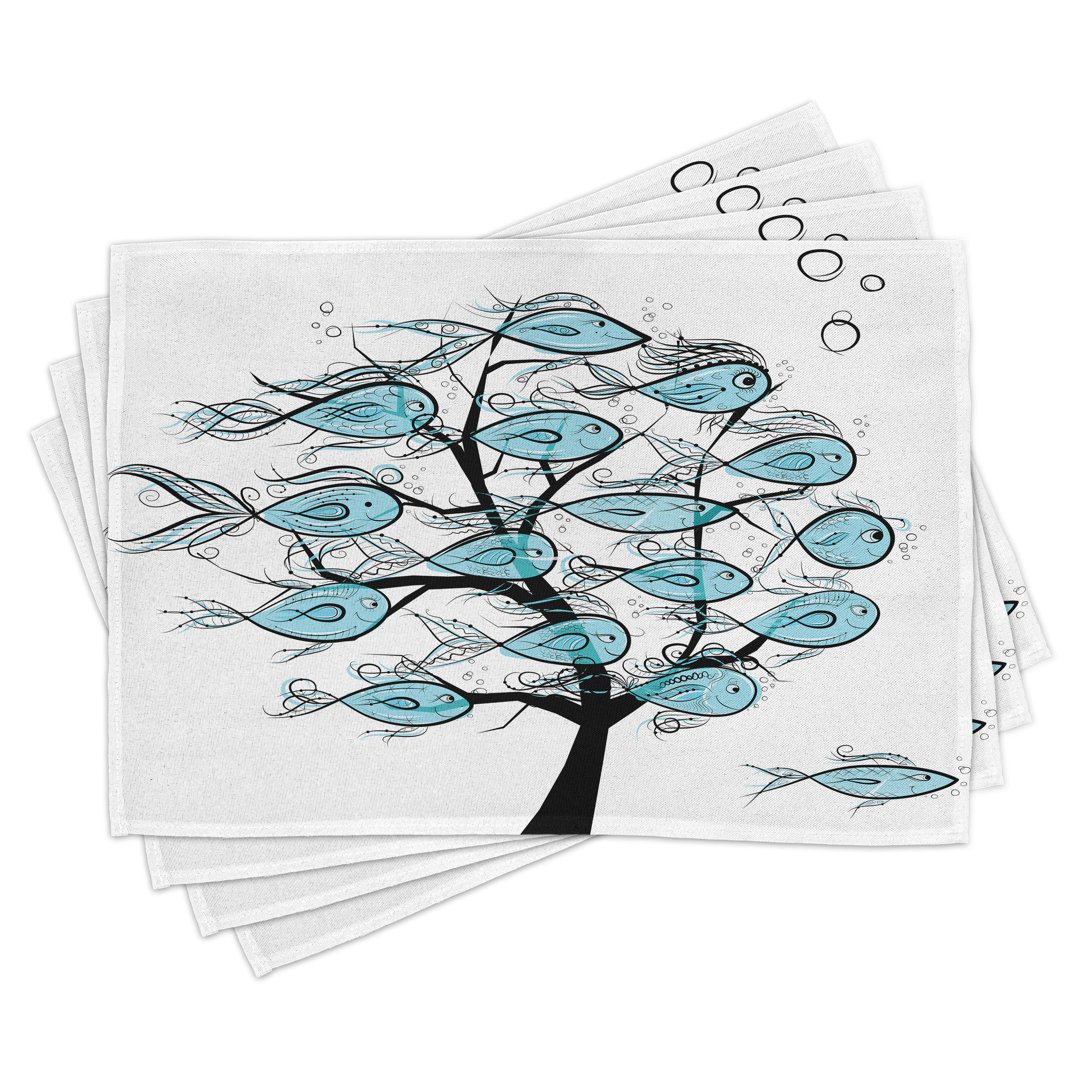 Platzdeckchen 4er Set, Thema Meerestiere auf Baum, blau und schwarz