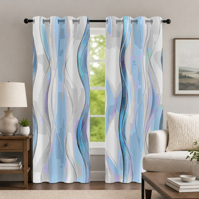 2Pcs Blue Wave Pattern Window Curtains, Contemporary Minimalist Curvy Line Design Drapes, Abstract Artistic Printed Grommet Panel Set for Bedroom Living Room Decor