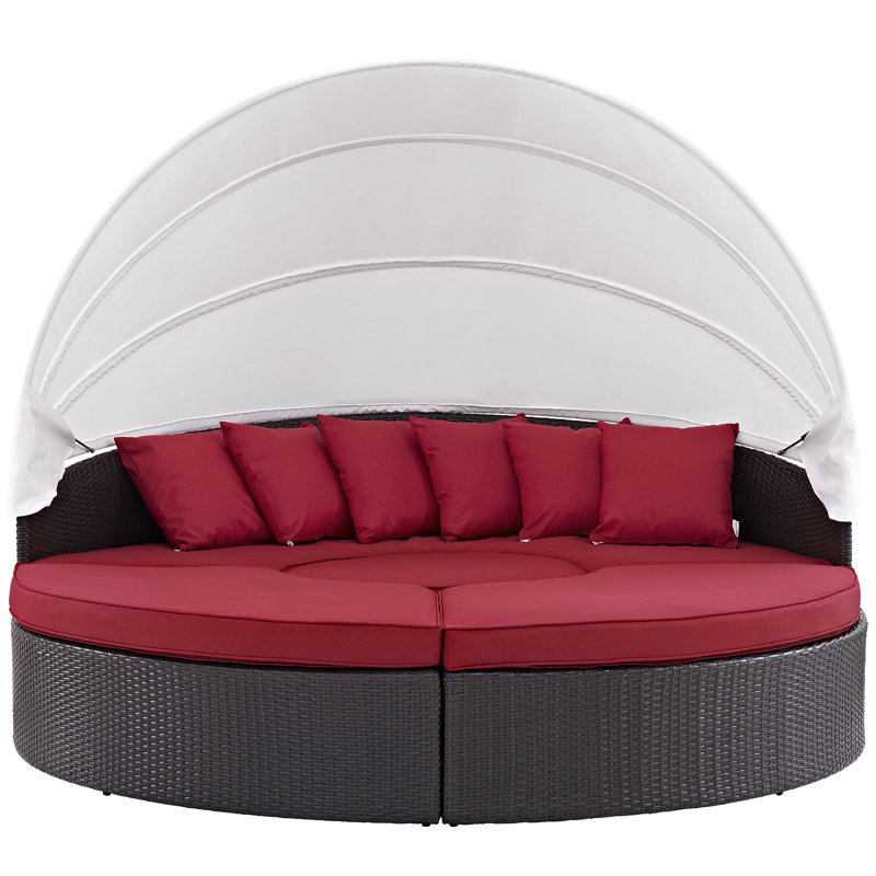 Modway Quest Circular Outdoor Wicker Rattan Patio Daybed with Canopy, Red