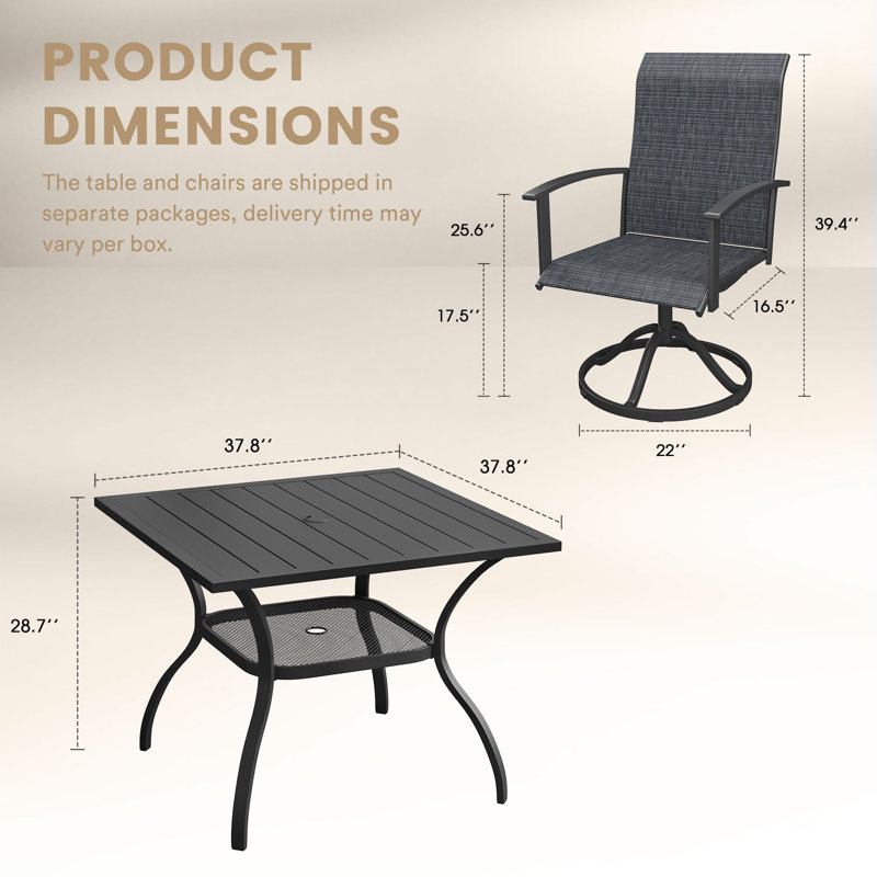 Ensemble de salle à manger de patio pour 4 personnes avec chaises pivotantes, Noir, Gris anthracite