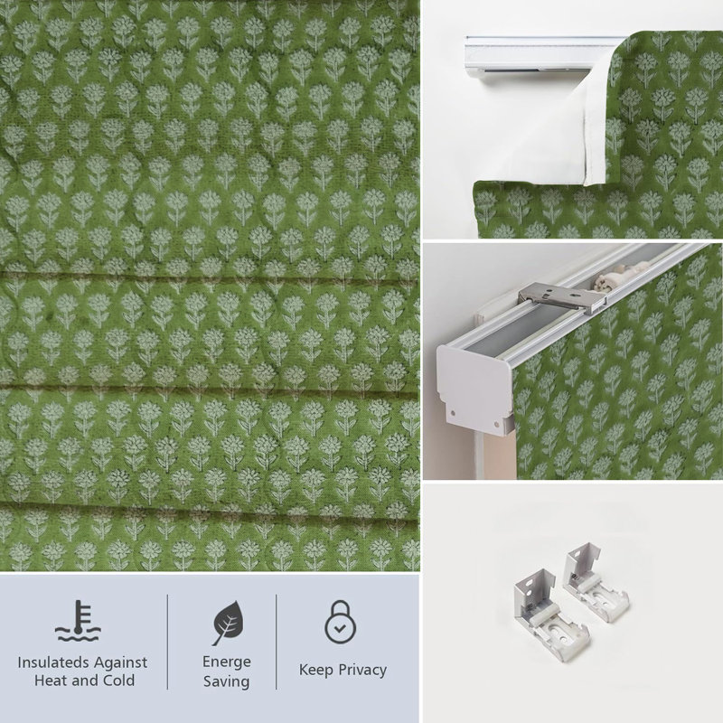 Fabdivine Hand Block Printed Floral Green Linen Roman Shade for Windows, 100% Blackout Room Darkening, Ideal for Kitchen, Bedroom, Living Room, and French Door Treatments, Jasmine