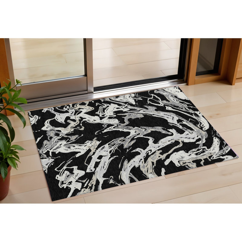 Tapis d'extérieur lavable abstrait noir et gris 3 pi x 5 pi
