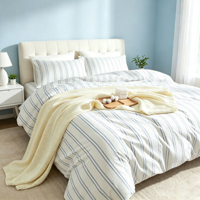 Soft 100% Washed Cotton Striped Duvet Cover Set 3 Pieces Bedding Set