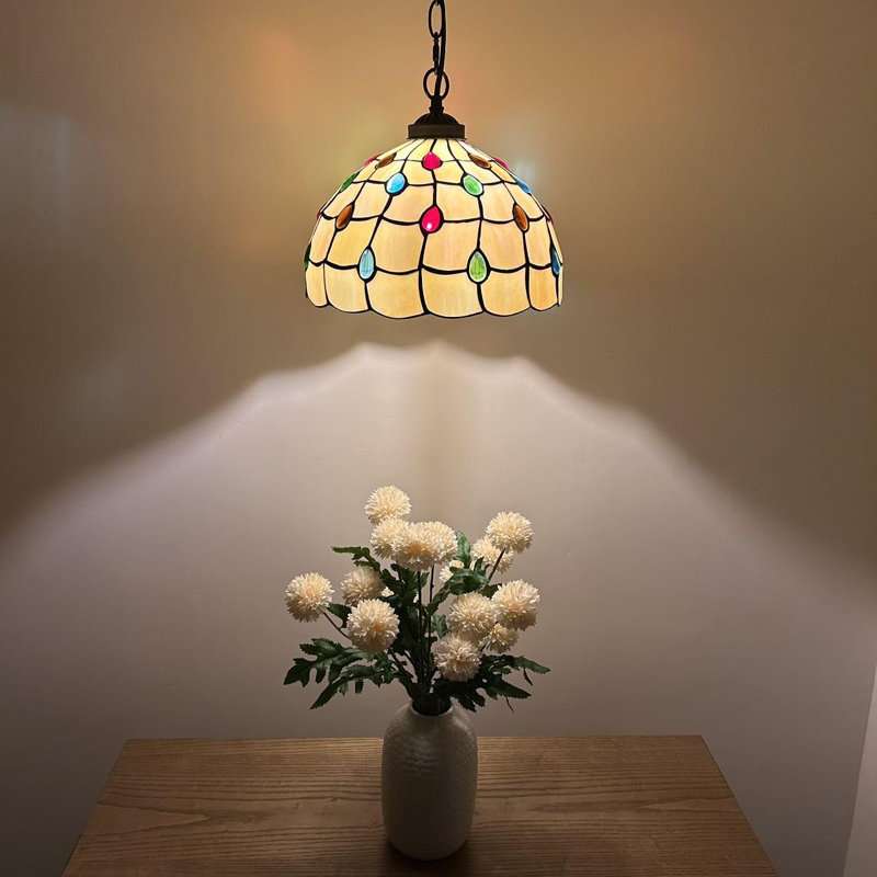 Brookmere Tiffany Pendant Lighting Plug in Gold Stained Glass Crystal Beans LED Bulb 12”W*12”D*60”H