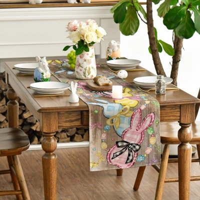 Chemin de table - Multicolore, nœud floral en bois, lapin et œufs, décoration de table de Pâques et de printemps