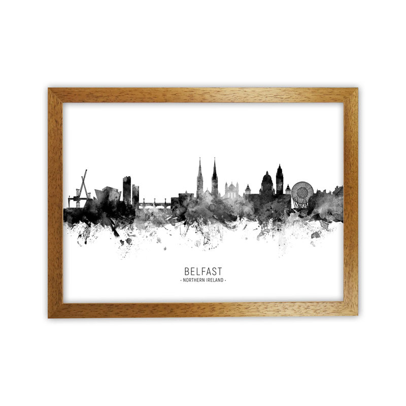 Belfast Northern Ireland Skyline Black White City Name by Michael Tompsett - Print, 34cm H x 46cm W x 3cm D, Brown Framed