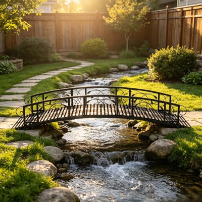 Pont de jardin en métal de 8 pi - Ponts de jardin pour l'extérieur, pont extérieur avec barrières de sécurité, Passerelle décorative en fer pour ruisseau, Étang à poissons, Noir
