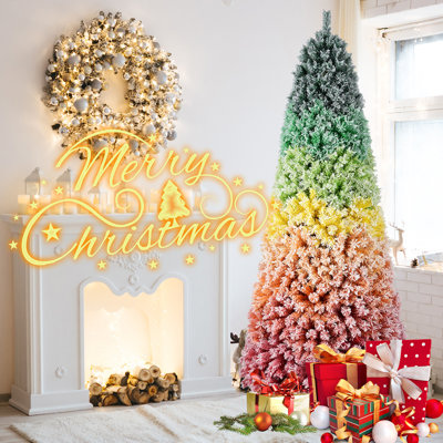 6ft Rainbow Gradient Christmas Tree with 1326 Tips, Faux Flocked PVC Pine Tree, Hinged Design and Sturdy Metal Stand for Holiday Decorations