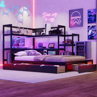 Gaming Daybed with Integrated Desk & LED Light, Multi-Functional Bed Frame with 3 Storage Drawers, Built-in Charging Station and Pegboard Headboard