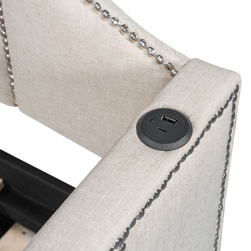 Upholstered Daybed with Pop-Up Trundle & USB Charging Ports, Beige