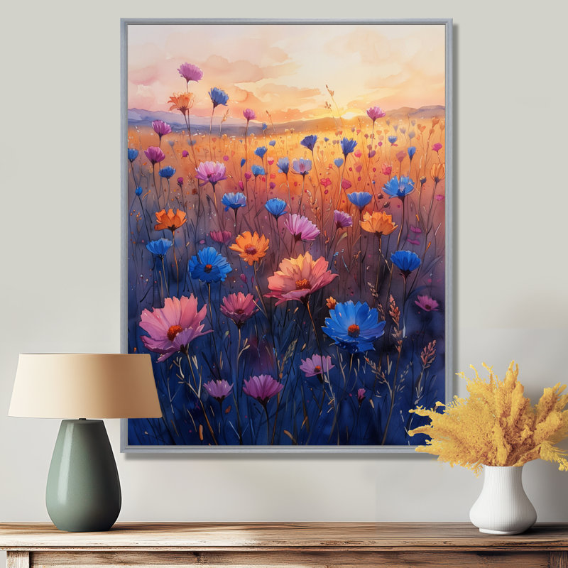 Bleu bleu, bleuet et bleuet Summer Breeze - Art mural bleuets, Toile argentée avec cadre flottant, H 32 po x l 24 po x P 1 po