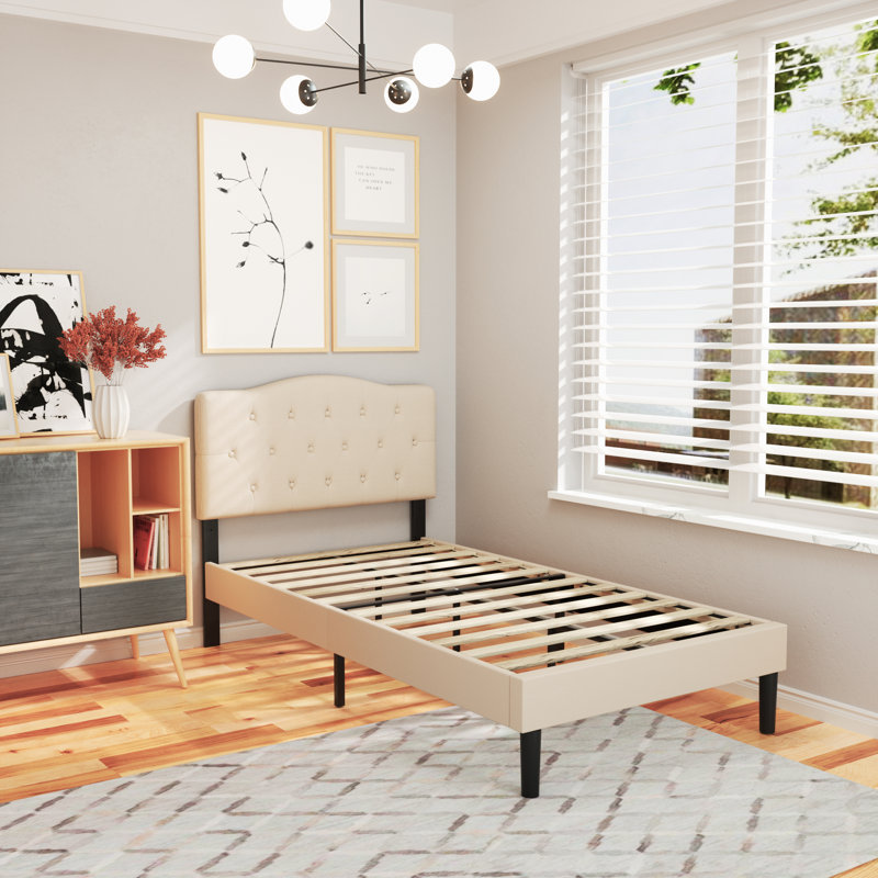 Lit simple tapissier de taille simple avec tête de lit réglable, ensemble de 2 cadres de lit plateforme simple, support de lattes en bois, aucun sommier nécessaire