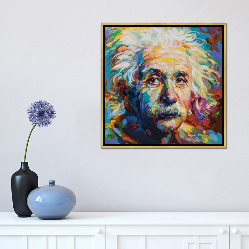 « Einstein » par Leon Devenice, reproduction d’art, H 18 po x l 18 po x 1,5 po, Toile encadrée d'or, Pas de tapis