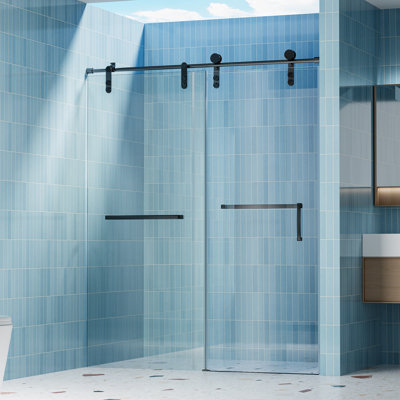 56"-60" W X 76" H Frameless Shower Door, Single Sliding Shower Door, 5/16" (8Mm) Clear Tempered Glass Shower Door Explosion-Proof Film, Stainless Steel Hardware