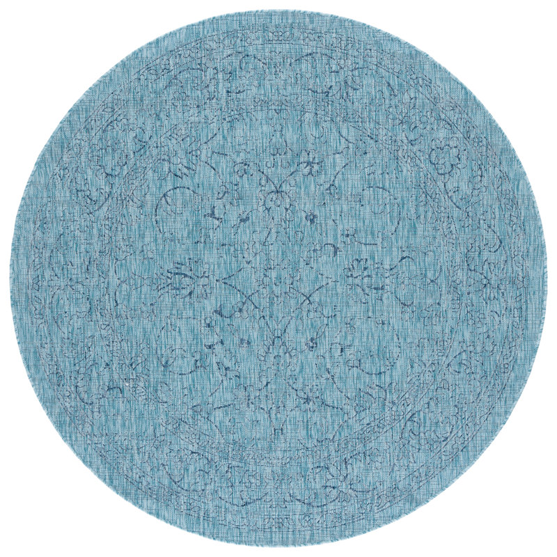 Courtyard Performance Oriental Indoor/Outdoor Area Rug, Round 6'7", Aqua/Navy