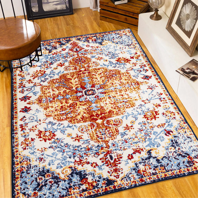 Area Rug Vintage Bohemia Large Persian Non-Slip Washable Rug For Living Room Kitchen Bedroom Living Room Flower Design