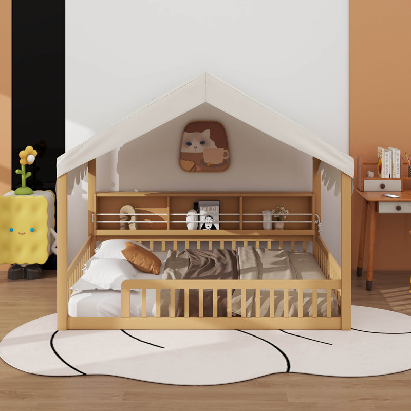 Lit double en bois avec Fense, 3 étagères de rangement, rideau et lumière DEL, Naturel / Beige