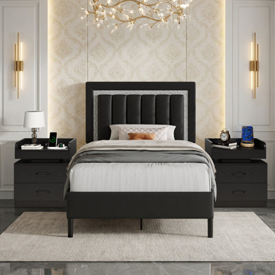 Diamond Tufted Upholstered Platform Bed Frame  with Matching LED Nightstands Bedroom Set