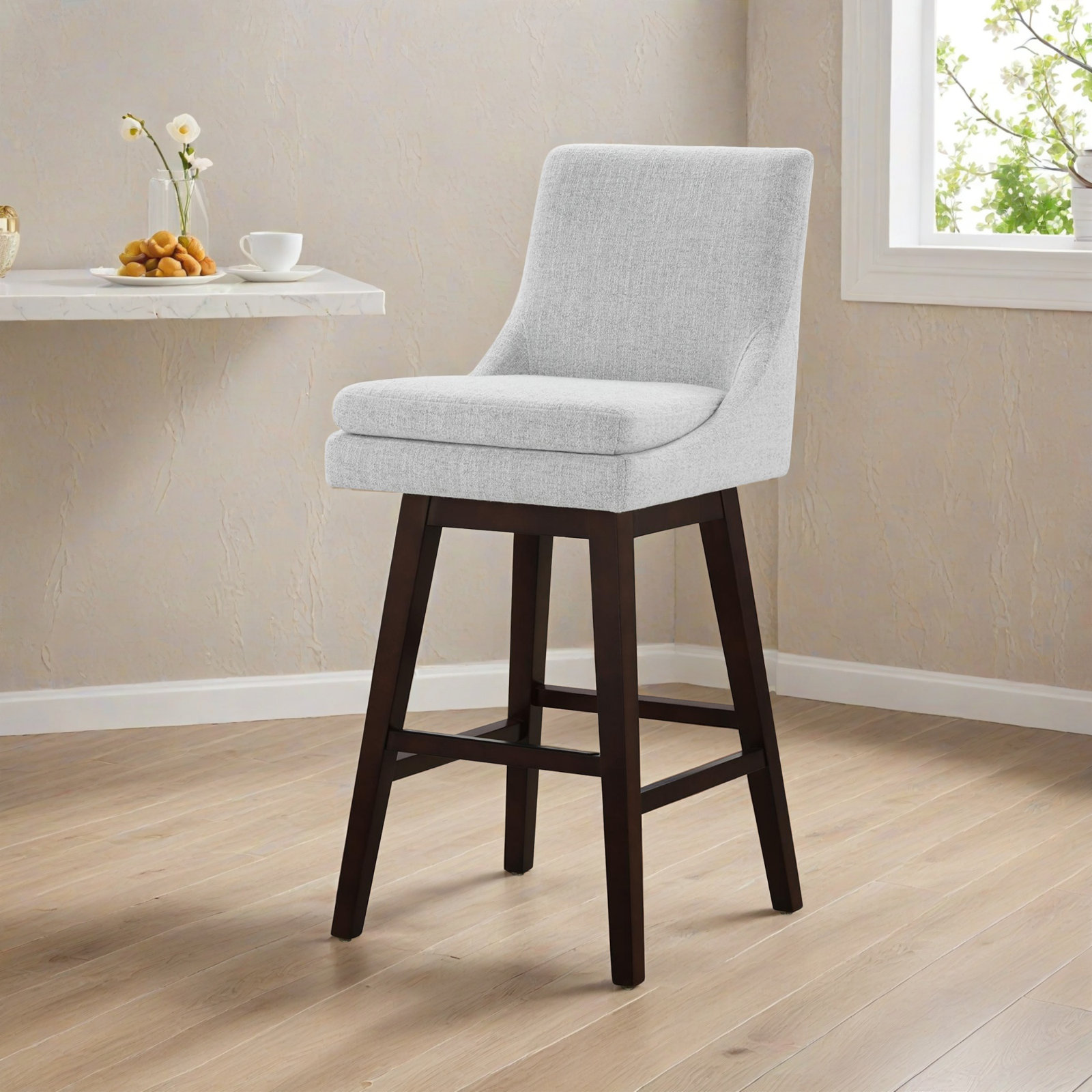 Zahara 26" Upholstered Swivel Counter Stool, Nathan Gray Heathered/Walnut, Bar Stool (30” Seat Height)